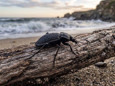 Large black darkling beetle crawling on coastal beach driftwood
