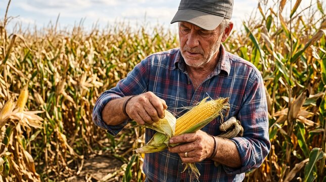Experienced farmer inspects ripe corn cob in a vast cornfield during harvest season