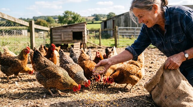 Farmer feeding flock of chickens on a sunny day at a rural farm with wooden coop and green fields in background