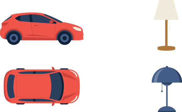 Modern Red Hatchback Car and Table Lamp Flat Vector Illustration Set Showing Side View, Top View, and Interior Decor Light Fixtures