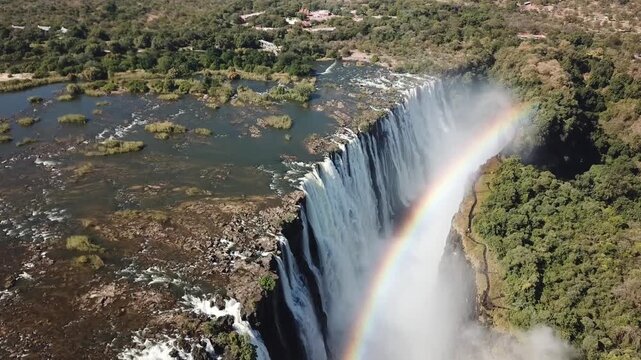 Aerial view of Victoria Falls with rainbow and bridge