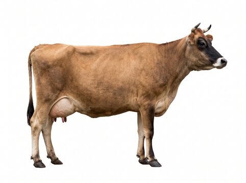 A Jersey cow with brown fur and black markings stands in profile against a white background