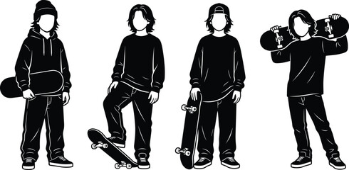 Skater Boy Silhouette Icon Set with Skateboard Longboard and Urban Streetwear Clothes Symbols © PJ DeSign