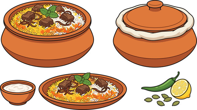 Traditional Indian Mutton Biryani Vector Set with Rice and Meat in Clay Pots Handi Plates Raita Yogurt and Spices for Restaurant Menu Designs