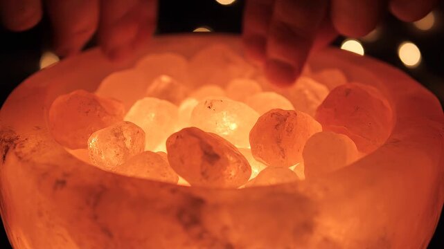 Person's hands over a glowing orange rock salt bowl lamp