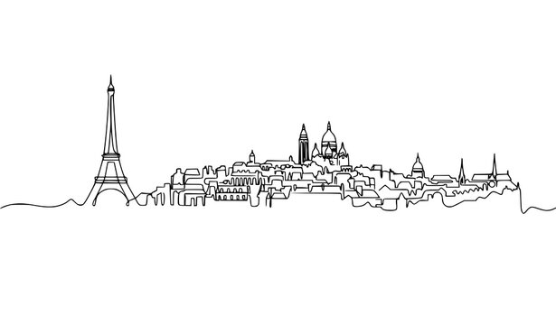 Paris skyline panorama with Eiffel Tower minimalist continuous line drawing vector art