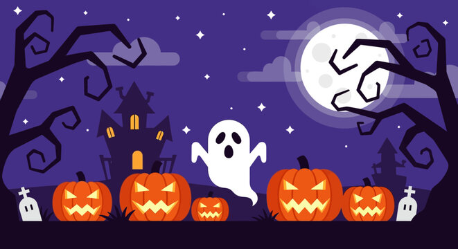 Ghost floating near carved pumpkins.