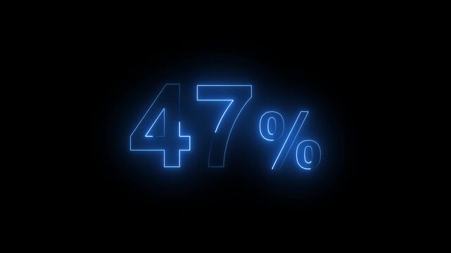Glowing Neon Blue 47 Percent Sign Animation on Black Background. Percentage Number.