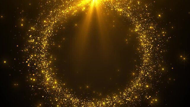 Elegant golden glitter frame sparkling arch border, radiant light, and star like highlights warm background. for award intros, luxury invitations, festive titles, celebration screens, glamorous motion