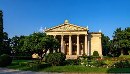 Obraz premium Neoclassical building with classical columns and green garden.