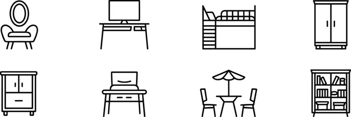 Home house interior furniture and kitchen fixture line icon set featuring minimalist outline vector symbols of beds tables sofas bookshelves and lamps © Md