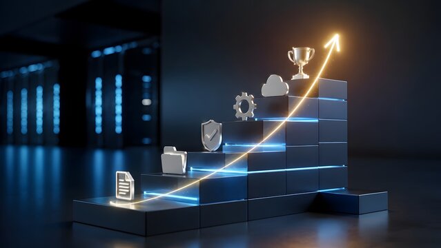 Cloud computing success and data management strategy concept featuring a dark staircase with tech icons and an upward arrow leading to a winner trophy