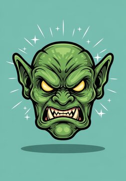Angry Green Goblin Head Mascot Illustration with Glowing Eyes and Sharp Teeth for Gaming or Fantasy Design
