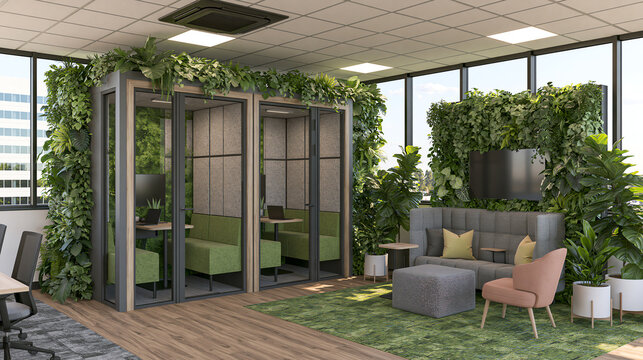 Biophilic Office Lounge with Glass Meeting Pods