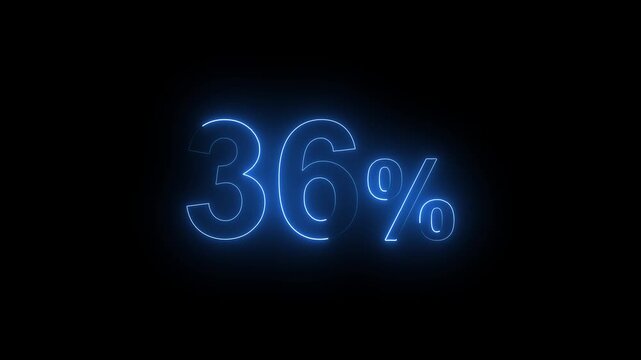 Glowing Neon Blue 36 Percent Sign Animation on Black Background. Percentage Number.