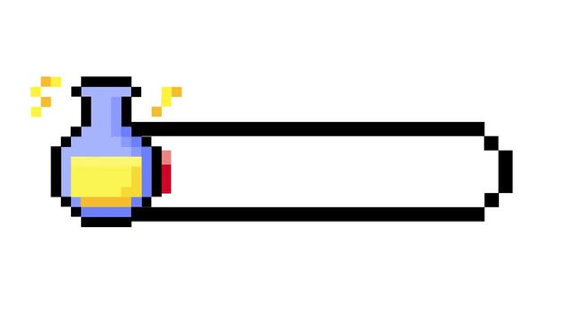 Retro pixel art game interface status indicator with a vibrant potion bottle and partially filled energy bar, ideal for vintage gaming themes and digital assets