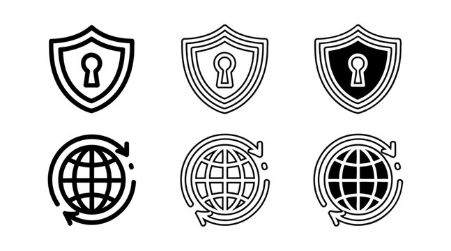 Set of six shield and globe security icons in flat design style isolated on transparent background, Vector