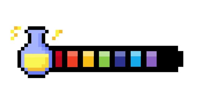 Retro pixel art graphic showcasing a mystical potion bottle connected to a spectrum-colored status bar, representing level progression, magic points, or health in a classic video game interface design