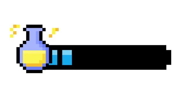 Pixel art game user interface element magical potion flask icon with glowing sparks and an active blue progress bar, symbolizing power and game status