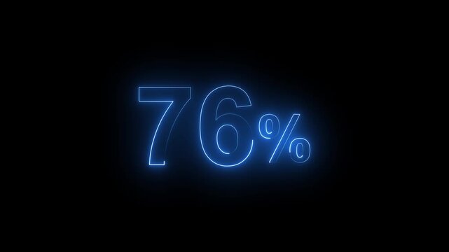 Glowing Neon Blue 76 Percent Sign Animation on Black Background. Percentage Number.