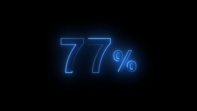 Glowing Neon Blue 77 Percent Sign Animation on Black Background. Percentage Number.