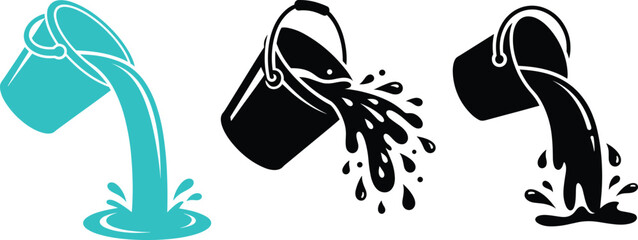 Pouring Bucket Icon Set with Water Splash Liquid Stream and Paint Drop Symbols © PJ DeSign