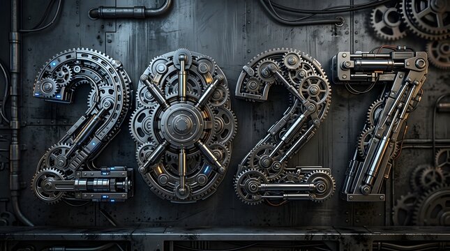Year 2027 in futuristic steampunk style with metallic gears and cogs