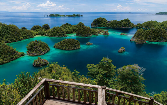 Panoramic view of green karst islands and turquoise lagoons from Piaynemo viewpoint in Raja Ampat, West Papua, tropical archipelago of Indonesia