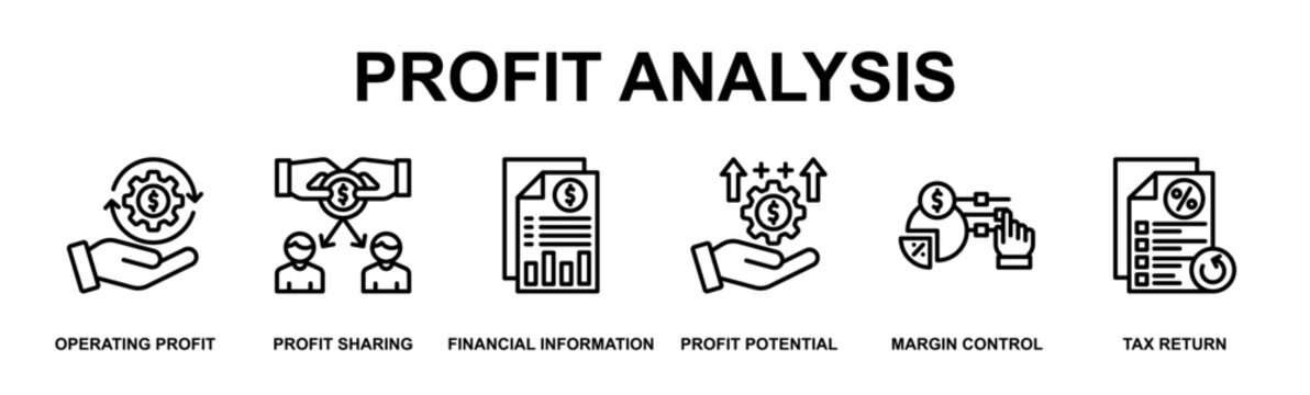 Profit Analysis Banner Web Outline Icon Vector Illustration Concept for Business with Icons of Operating Profit, Profit Sharing, Financial Statement, Profit Potential, Margin Analysis, Tax Return
