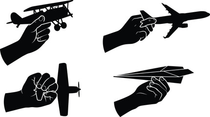 Airplane and Hand Icon Set with Paper Plane Biplane Jet Silhouette Elements © PJ DeSign