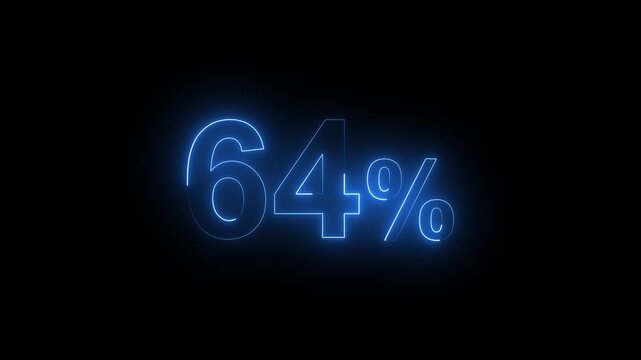 Glowing Neon Blue 64 Percent Sign Animation on Black Background. Percentage Number.