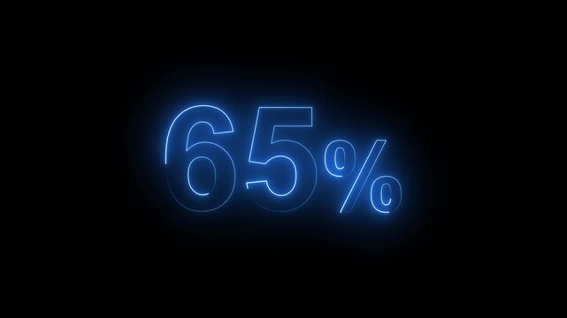 Glowing Neon Blue 65 Percent Sign Animation on Black Background. Percentage Number.