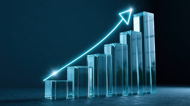 A stylized graph showing growth, with transparent bars and a glowing arrow, symbolizing progress and rising performance.