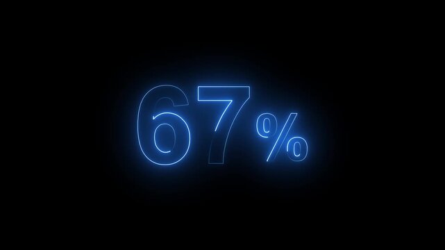 Glowing Neon Blue 67 Percent Sign Animation on Black Background. Percentage Number.