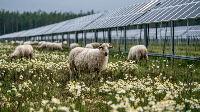 A serene scene of sheep grazing among flowers, with solar panels in the background, highlighting sustainable agriculture practices.