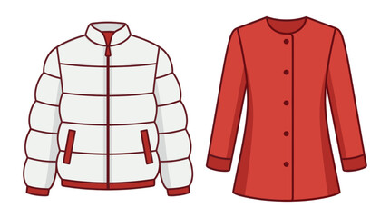 Winter puffer jacket and long red coat flat vector © masa