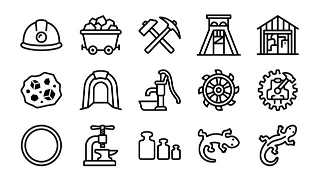 Minimal line art icons of mining equipment and industrial elements