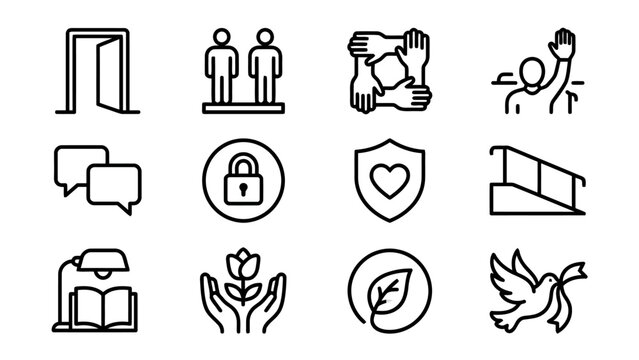 Minimal line art icon collection depicting communication and nature concepts