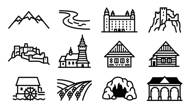 Collection of minimal line art pictogram icons representing Slovak landmarks