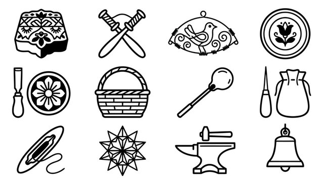 Slovak cultural symbols and craftsmanship icons featuring traditional elements and tools