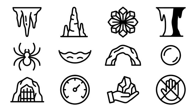 Slovak minimalist line art pictograms icons set representing nature ice cave spider and warning signs