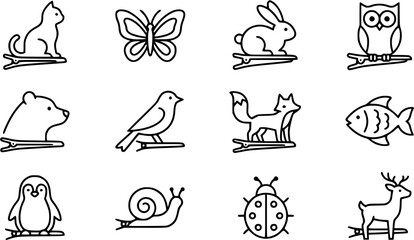 Obraz premium Black White Line Art Animal Icons for Children's Fashion Accessories. Simple outline vector collection featuring cute animals on hair clips.