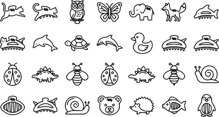 Cute Black and White Line Art Collection of Animal Icons and Hair Clips. Simple Outline Glyphs for Kids, Nature, and Fashion Accessory Designs. © vectorcorp