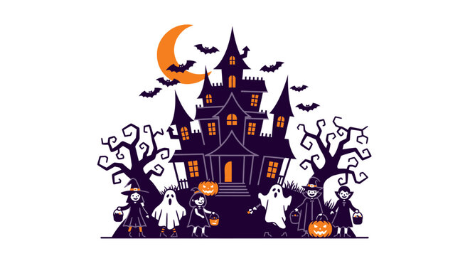 Halloween haunted house with ghosts bats.