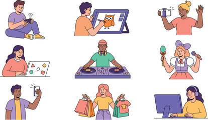 Fototapeta premium Diverse Content Creators and Digital Freelancers Vector Icon Set Featuring Young Influencer Blogger Gamer DJ Digital Artist and Video Streamer Characters