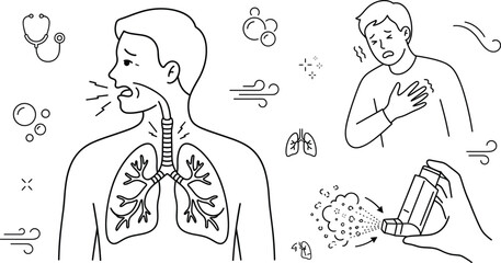 Asthma Attack and Respiratory Disease Medical Line Art Icon Set with Inhaler Treatment © PJ DeSign