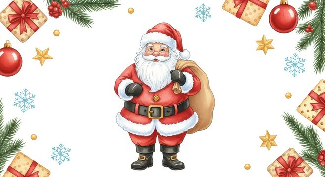 Watercolor Santa Claus Illustration with Festive Christmas Border of Gifts, Ornaments, and Pine Branches on White Background