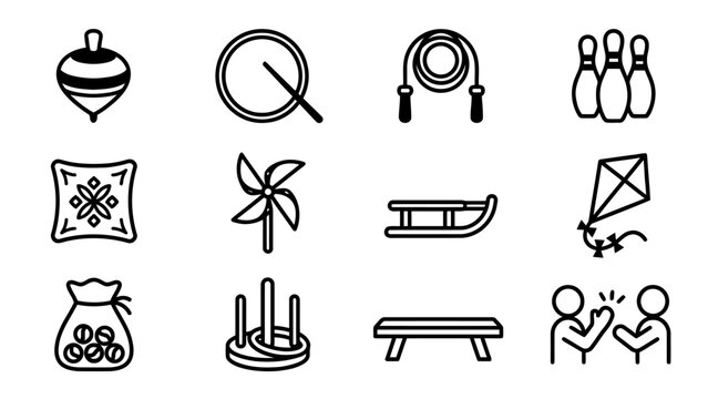 Collection of simple line art icons representing toys and games for children and recreation