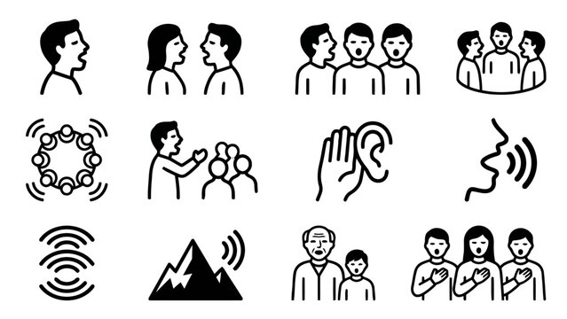 Slovak minimal line art pictograms representing communication dialogue discussion and conversation concepts