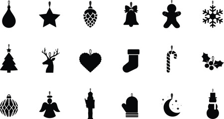 Naklejka premium Set Of Black Silhouette Christmas And Winter Holiday Ornaments And Symbols On White